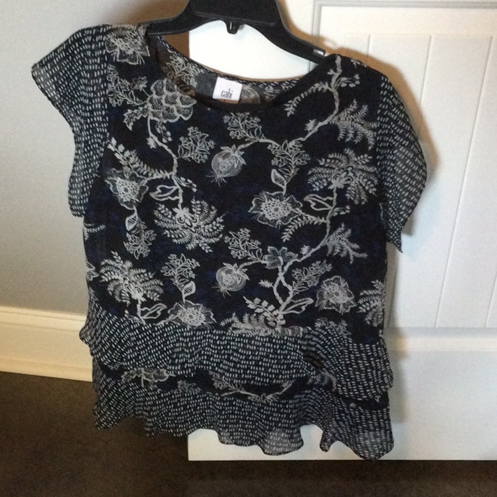 CAbi Gray and Silver Cap-Sleeved Ruffled Blouse